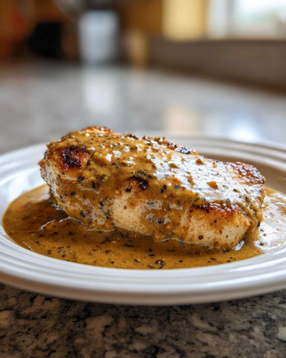 A perfectly seared chicken breast smothered in a creamy, speckled dijon chicken sauce, served on a white plate.