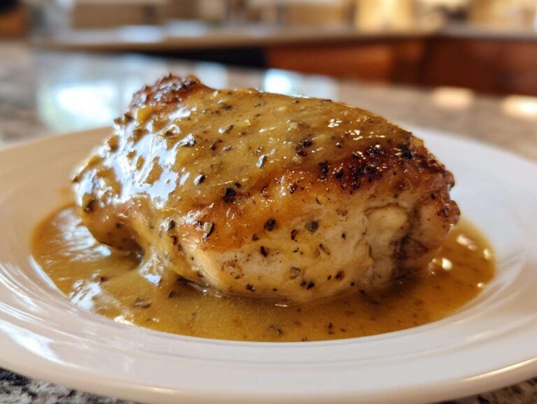 Close-up of a perfectly cooked piece of dijon chicken breast smothered in a rich, speckled mustard sauce.