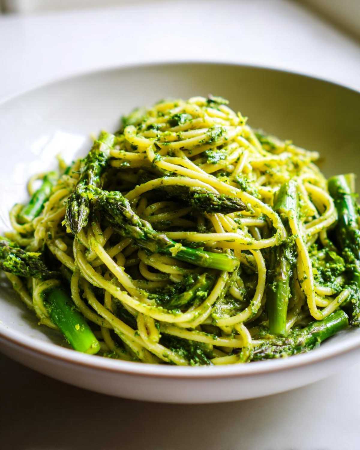 Close-up of bright green Earth Day Dinner Pasta tossed with pesto sauce and fresh asparagus spears in a white bowl.