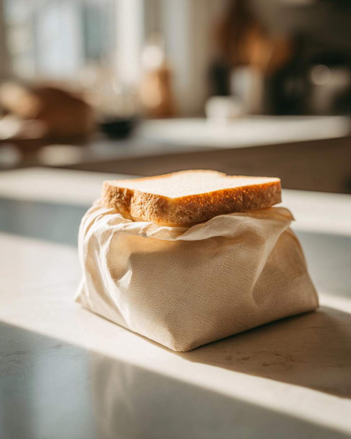 A slice of bread resting on top of a reusable, beige cloth bag designed for Eco Friendly Picnic Sandwich Wraps.