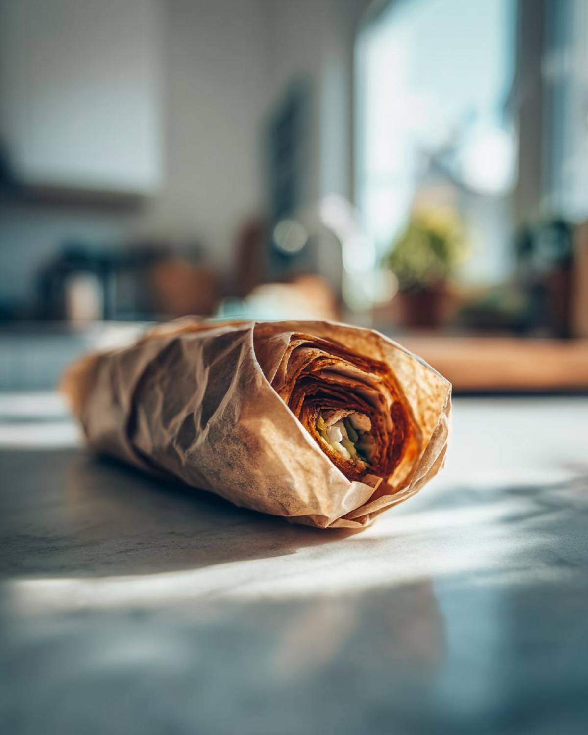A rolled sandwich secured in brown paper, representing one of the Eco Friendly Picnic Sandwich Wraps.