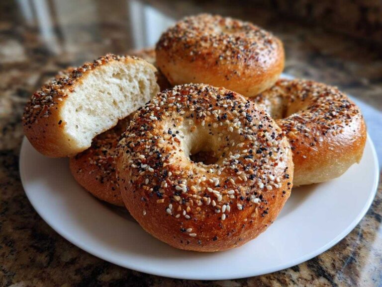 Amazing 4 Sourdough Discard Bagels Now A plate of freshly baked everything sourdough discard bagels, one sliced open showing the soft interior.