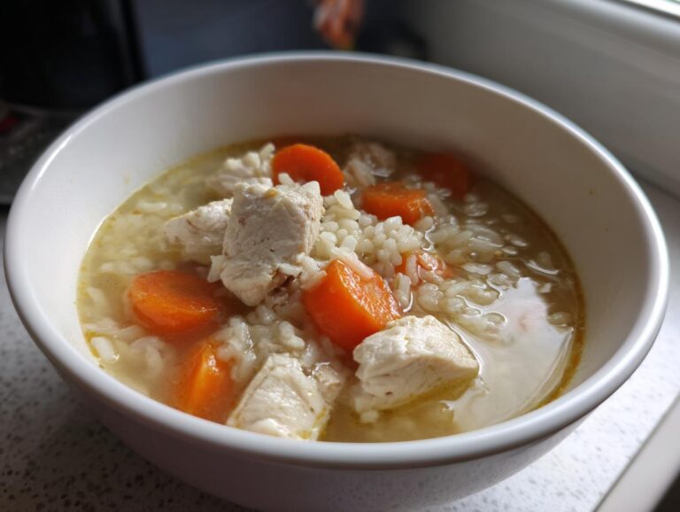 A close-up of a white bowl filled with homemade chicken and rice soup, featuring chunks of white chicken meat and bright orange carrot slices.