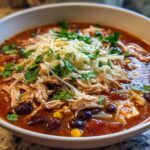 A close-up view of a bowl of rich, red chicken enchilada soup filled with shredded chicken, black beans, and corn, topped generously with shredded cheese and cilantro.