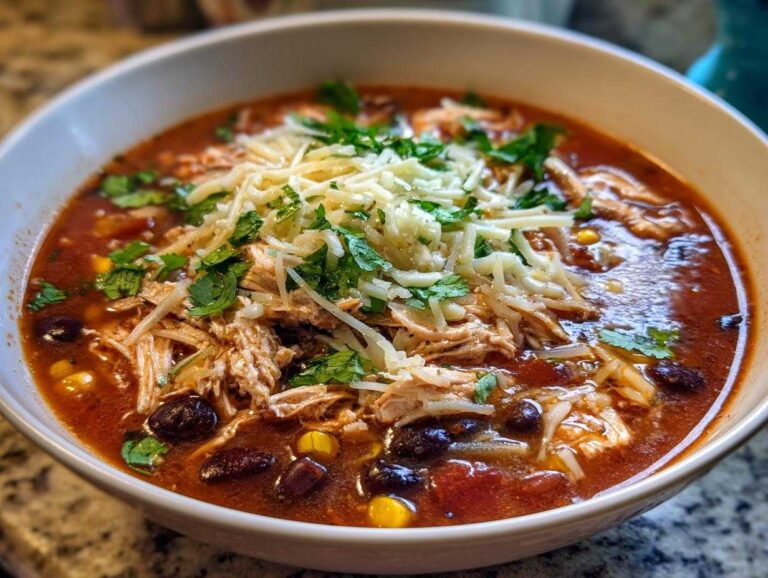 A close-up view of a bowl of rich, red chicken enchilada soup filled with shredded chicken, black beans, and corn, topped generously with shredded cheese and cilantro.