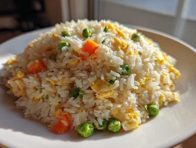 Amazing 20-Minute Egg Fried Rice Secret A close-up of fluffy white rice mixed with scrambled egg, bright green peas, and diced carrots, representing delicious Egg Fried Rice.