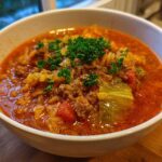 A close-up of a white bowl filled with rich, red Golumpki Soup (Cabbage Roll Soup), garnished with fresh parsley.