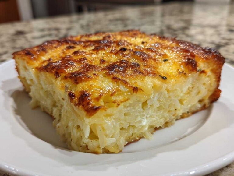 A close-up of a golden-brown, cheesy slice of hashbrown casserole on a white plate.