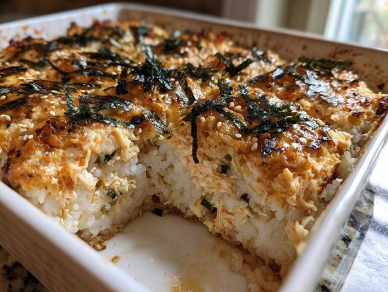 A close-up view of a freshly baked sushi bake casserole, showing the creamy topping, rice base, and nori strips.
