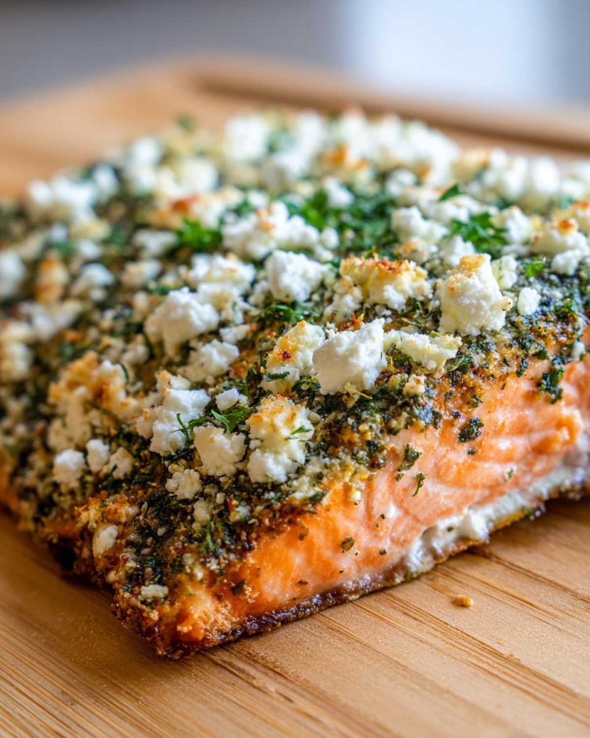 Close-up of a perfectly cooked salmon fillet topped with a thick layer of white feta cheese crumbles and green herbs, showcasing the Feta and Herb Crusted Salmon.