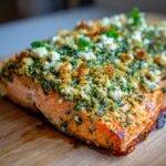 Close-up of a perfectly baked Feta and Herb Crusted Salmon fillet on a wooden board.