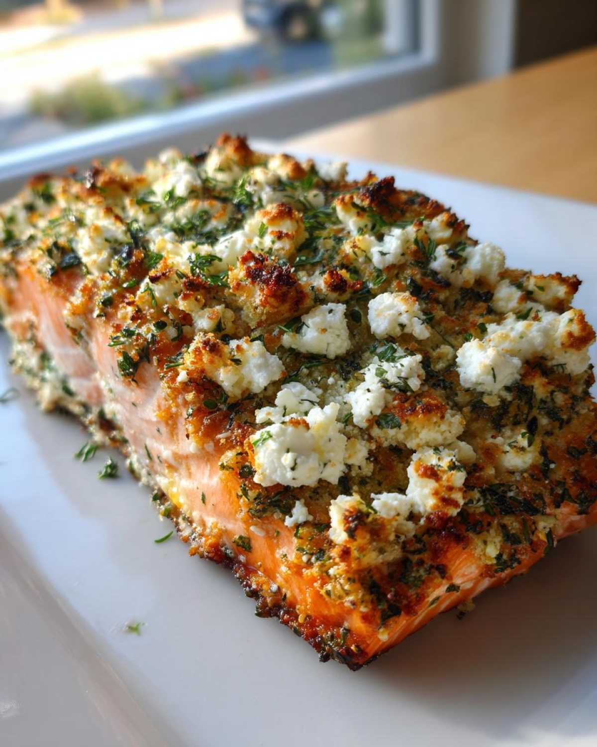 A close-up of a perfectly baked salmon fillet topped with a golden, herby crust and chunks of white feta cheese, showcasing the Feta and Herb Crusted Salmon.