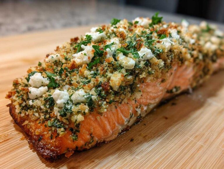 A close-up of a perfectly baked Feta and Herb Crusted Salmon fillet resting on a wooden cutting board.