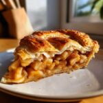 Close-up of a thick slice of apple strudel showing flaky golden crust and rich cinnamon apple filling.