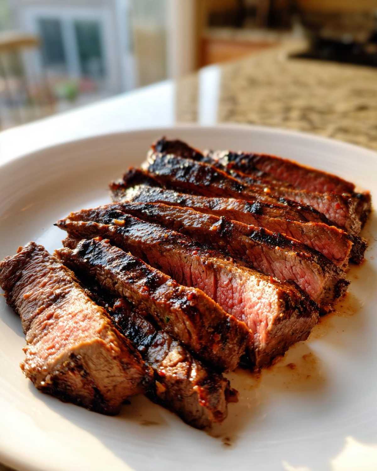 Close-up of medium-rare Flank Steak with Soy Marinade, sliced and resting on a white plate.