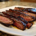 Close-up of perfectly sliced Flank Steak with Soy Marinade, showing a medium-rare center and glossy, caramelized exterior.