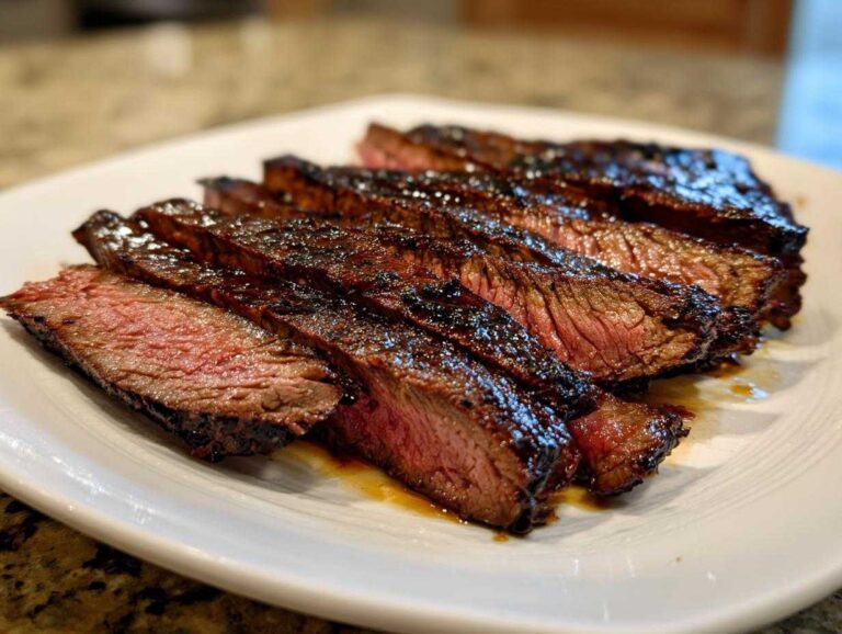 Close-up of perfectly sliced Flank Steak with Soy Marinade, showing a medium-rare center and glossy, caramelized exterior.