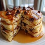 A tall stack of fluffy chocolate chip pancakes, cut open to show the interior, drizzled with syrup and topped with chocolate chips.
