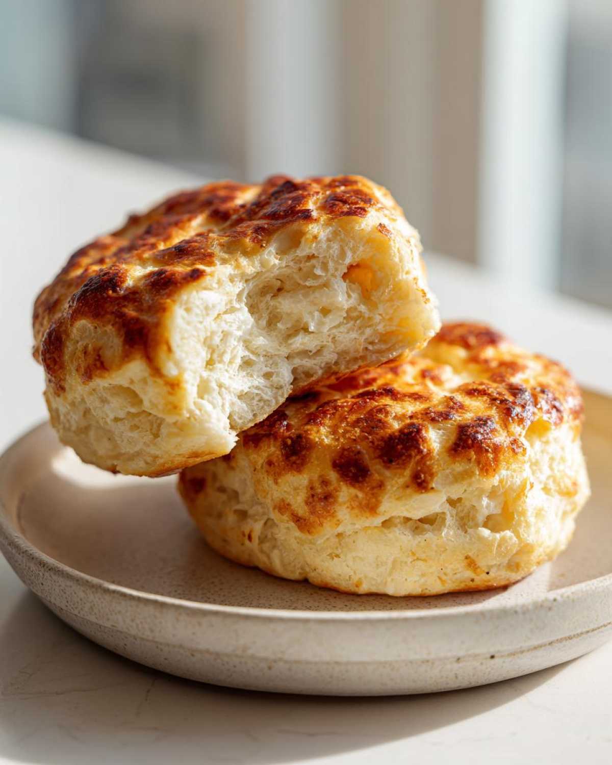 Two golden-brown Cottage Cheese Bagels stacked on a plate, one broken open revealing a soft, fluffy interior.