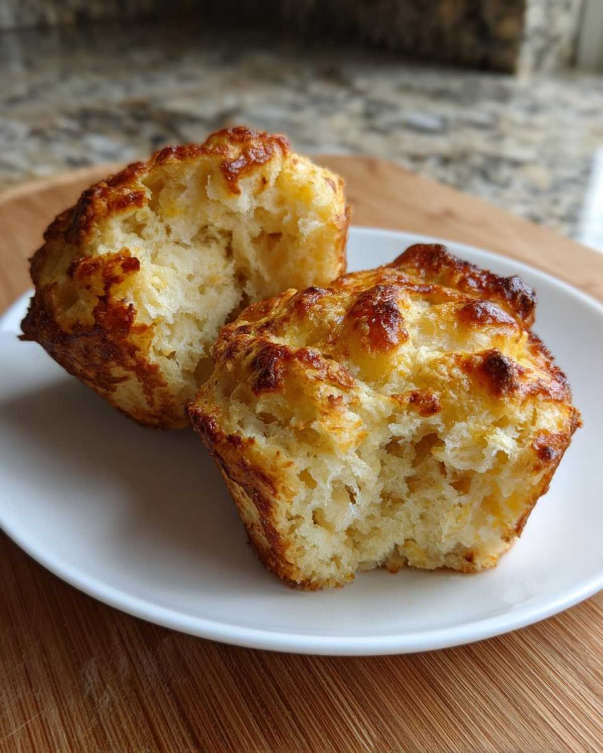 Two fluffy english muffins, one broken open to show the interior texture, served on a white plate.