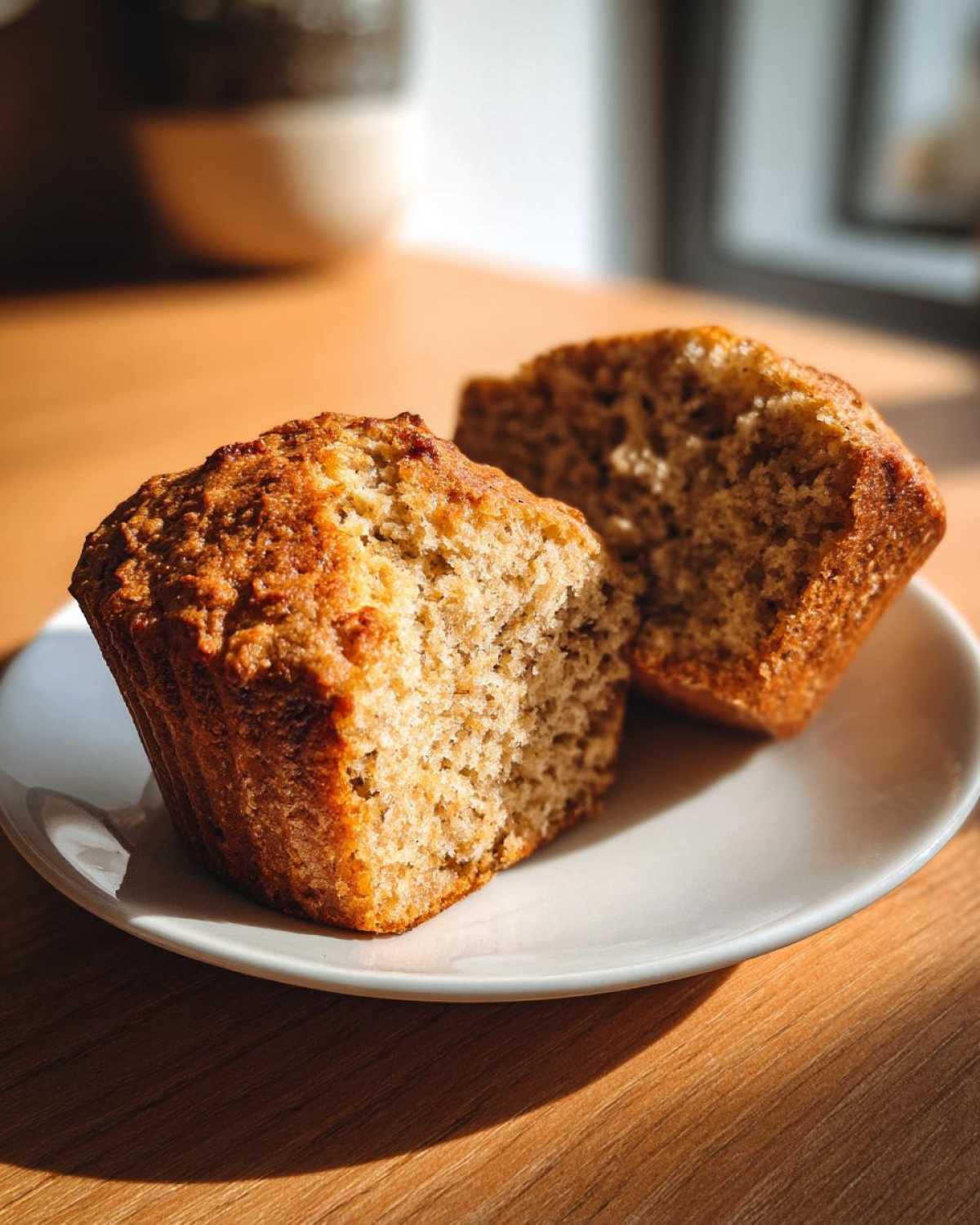 Two halves of a fluffy baked good, resembling English muffins, resting on a white plate.