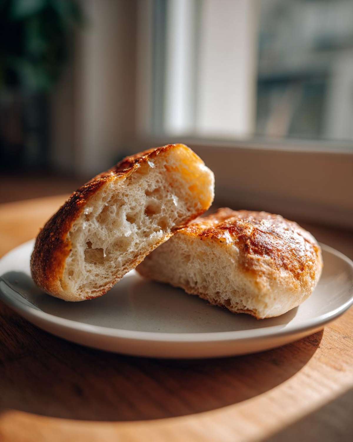 Close-up of homemade english muffins split in half showing the fluffy, airy interior texture.