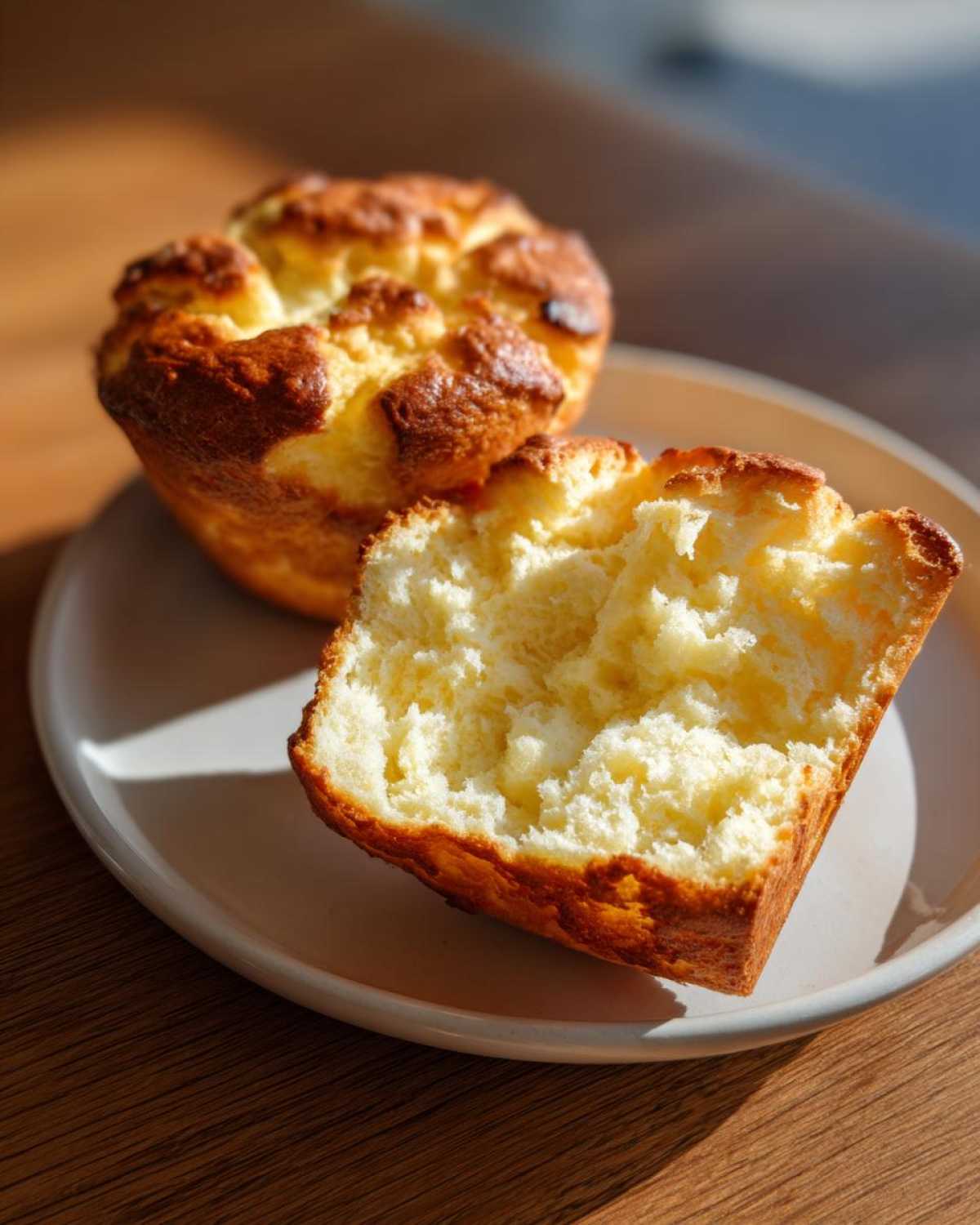 Close-up of a split homemade english muffin showing its fluffy, airy interior texture.
