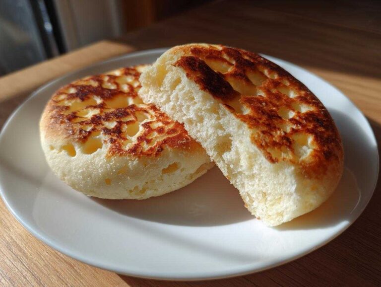 Two halves of a fluffy homemade english muffin showing the signature nooks and crannies, resting on a white plate.
