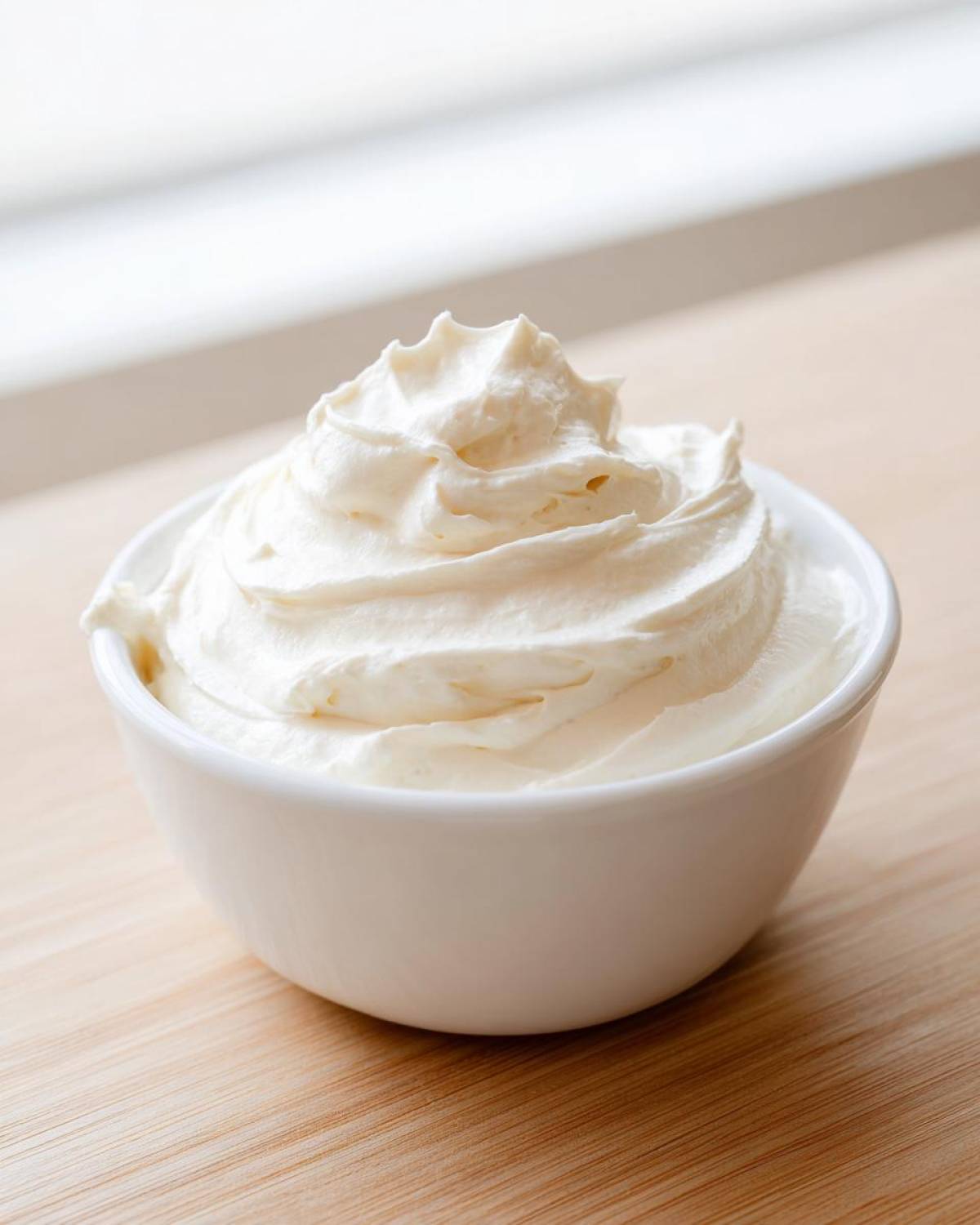 A close-up of fluffy white fruit dip swirled high in a small white bowl on a wooden surface.