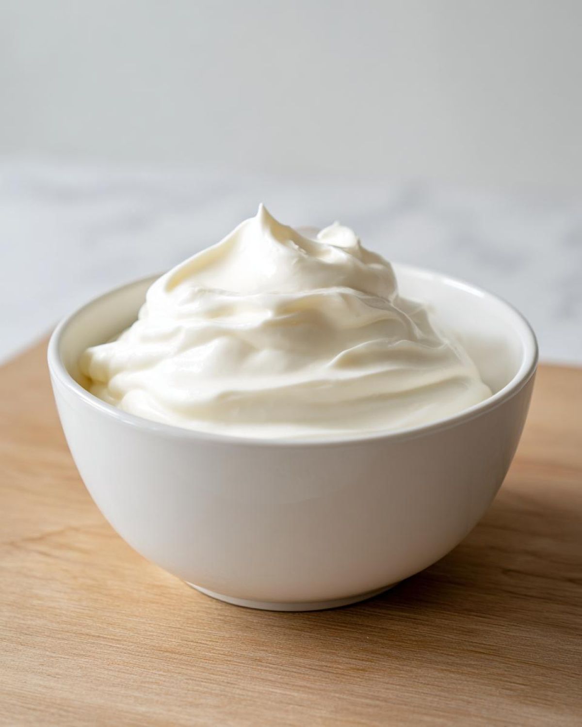 Close-up of fluffy white fruit dip swirled high in a small white bowl on a wooden surface.