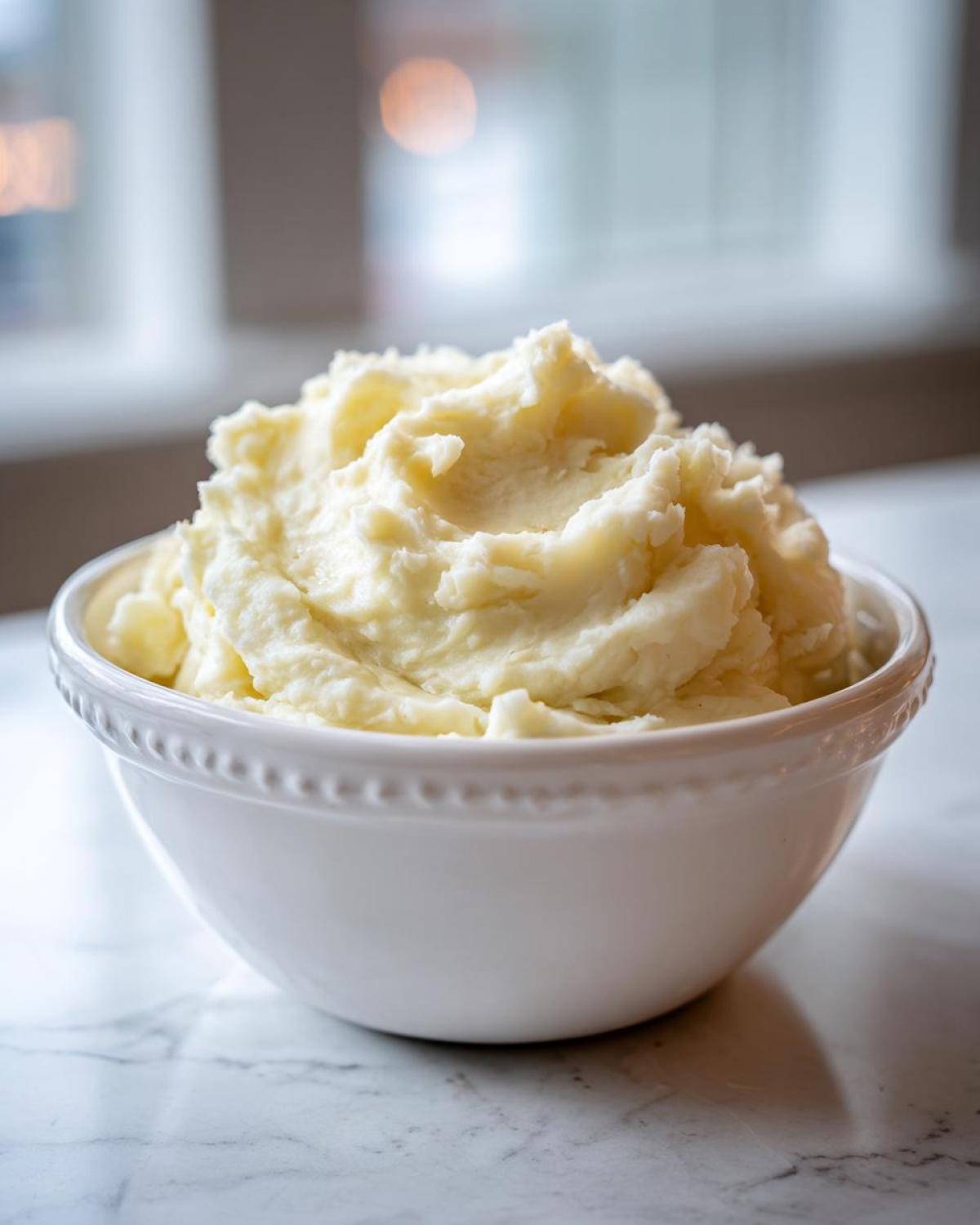A white bowl overflowing with creamy, fluffy mashed potatoes, sitting on a marble countertop.