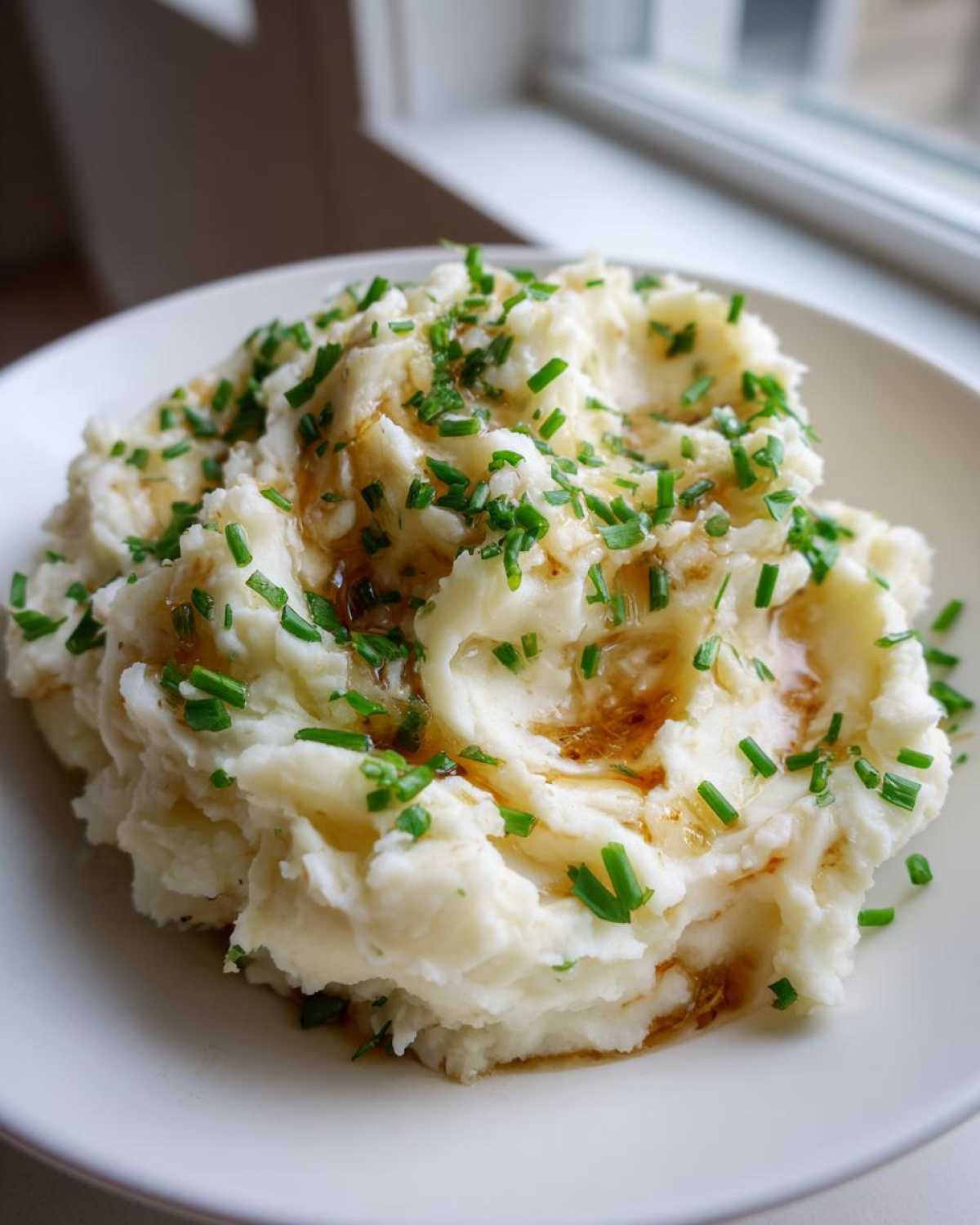 A generous serving of fluffy mashed potatoes topped with brown butter drizzle and fresh chopped chives.