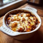 A close-up of French Onion Gnocchi Soup topped with melted, browned cheese in a white oven-safe bowl.