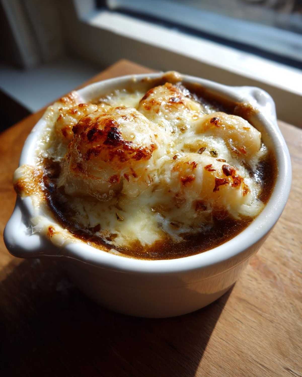 Close-up of French Onion Gnocchi Soup topped with melted, browned cheese and gnocchi.