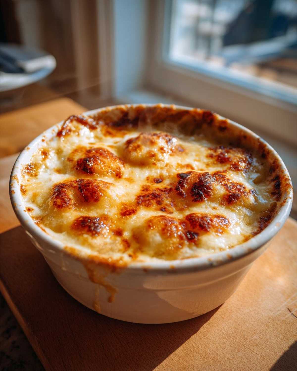 Close-up of bubbling, broiled cheese topping on a bowl of French Onion Gnocchi Soup.