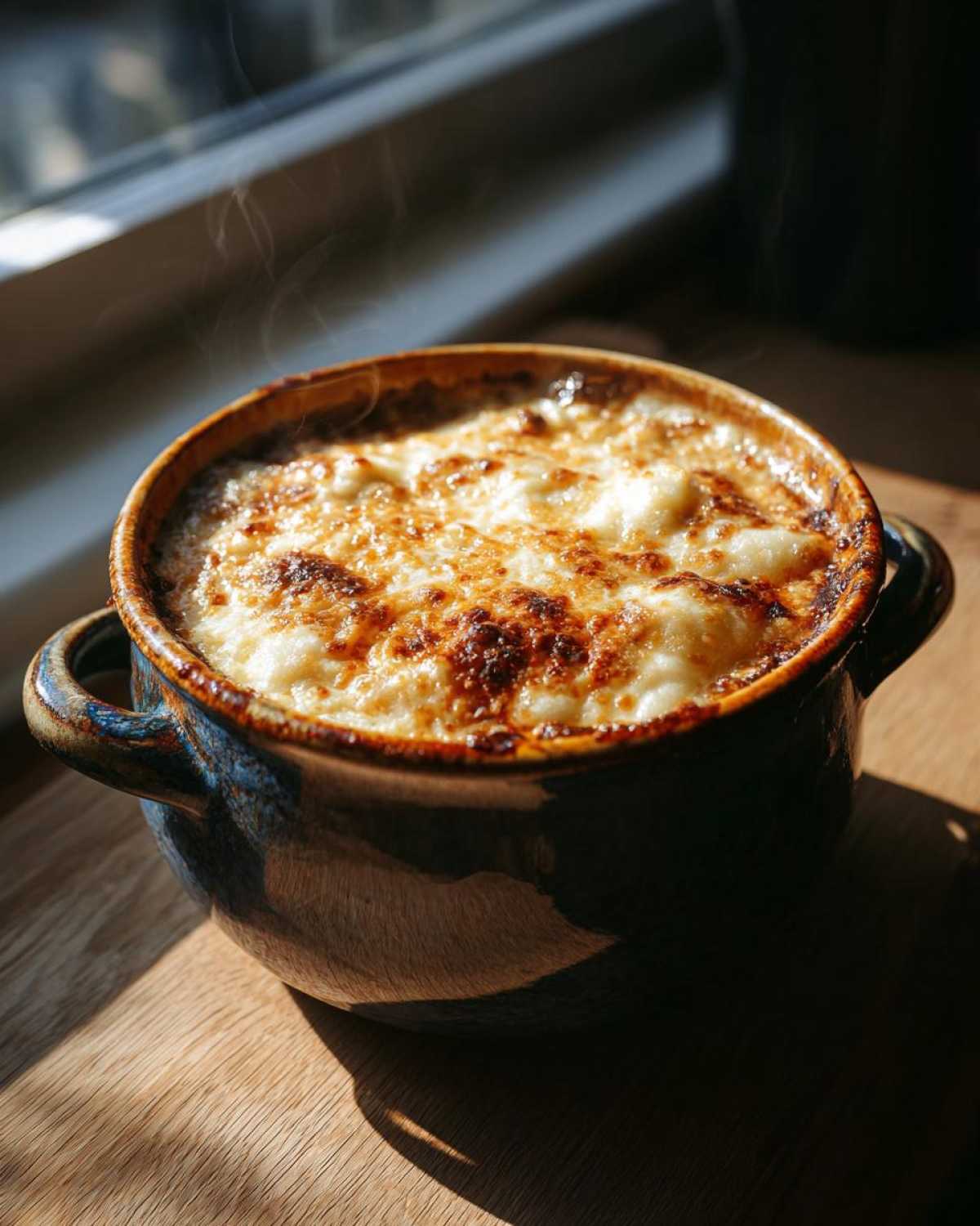A steaming bowl of French Onion Gnocchi Soup topped with melted, browned cheese.