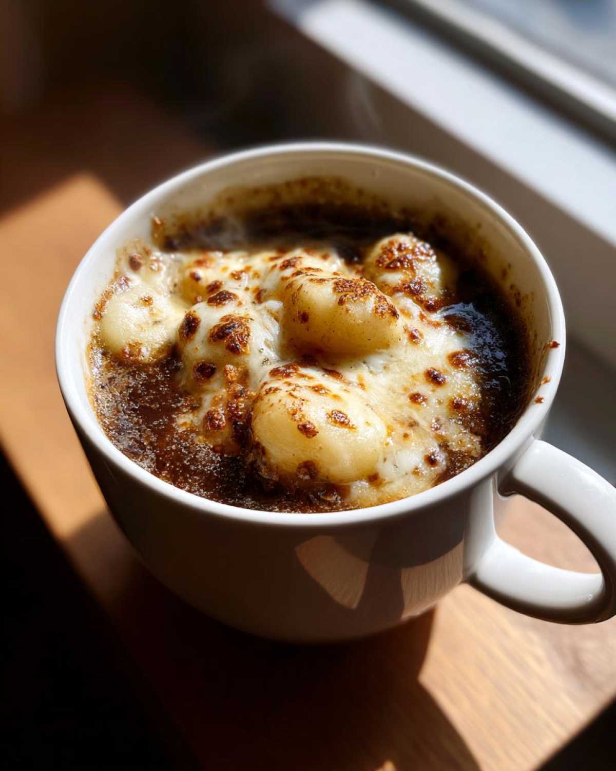 Close-up of hot French Onion Gnocchi Soup topped with melted, browned cheese and gnocchi pieces.