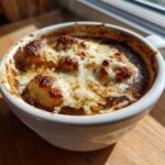 Close-up of French Onion Gnocchi Soup topped with melted, browned cheese in a white crock.