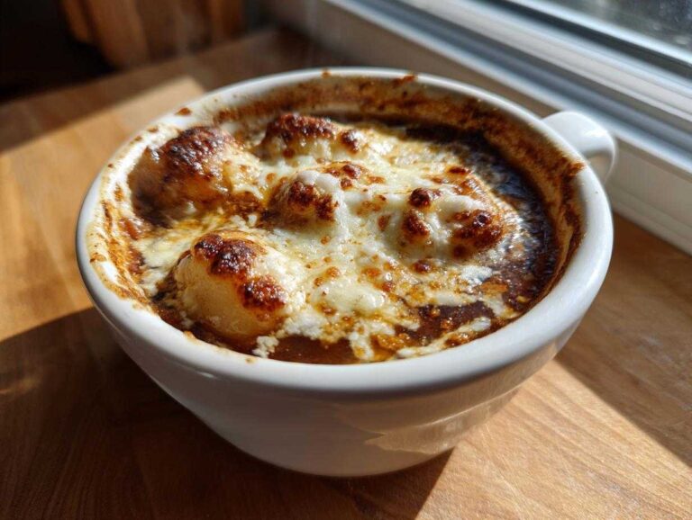 Close-up of French Onion Gnocchi Soup topped with melted, browned cheese in a white crock.