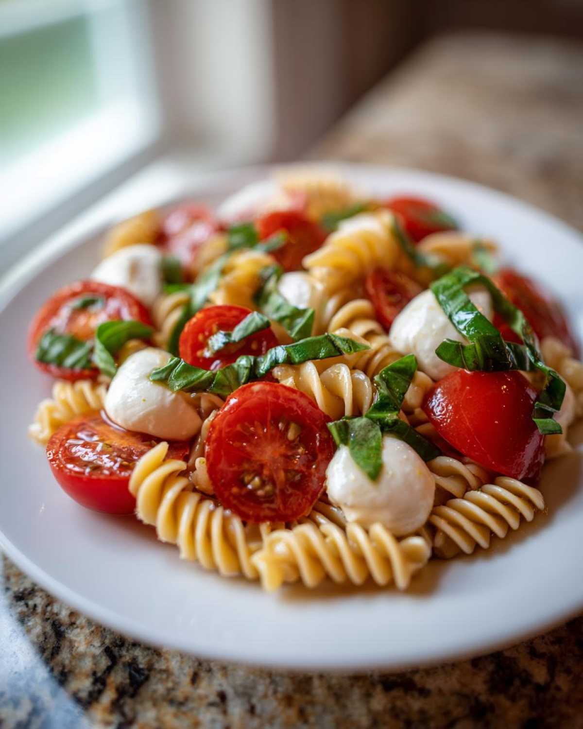 A close-up of a serving of caprese pasta salad featuring rotini pasta, halved cherry tomatoes, mozzarella balls, and fresh basil.