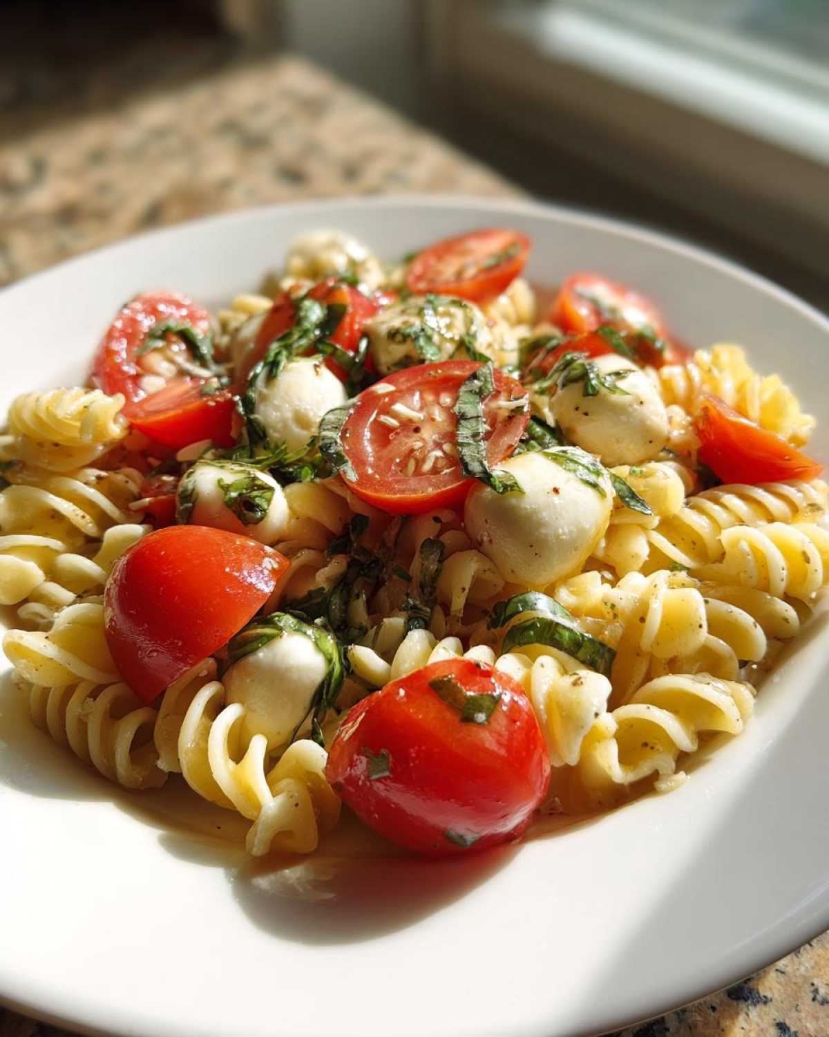 A close-up serving of fresh caprese pasta salad featuring rotini pasta, cherry tomatoes, mozzarella balls, and basil.
