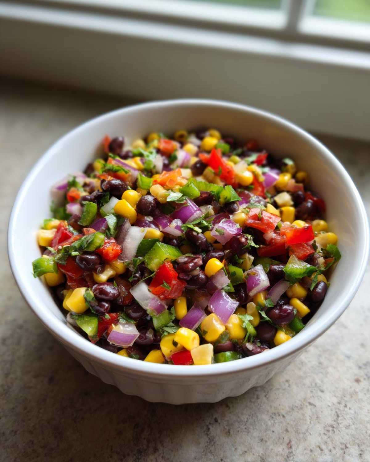 Close-up of vibrant Cowboy Caviar featuring black beans, corn, red pepper, and red onion in a white bowl.