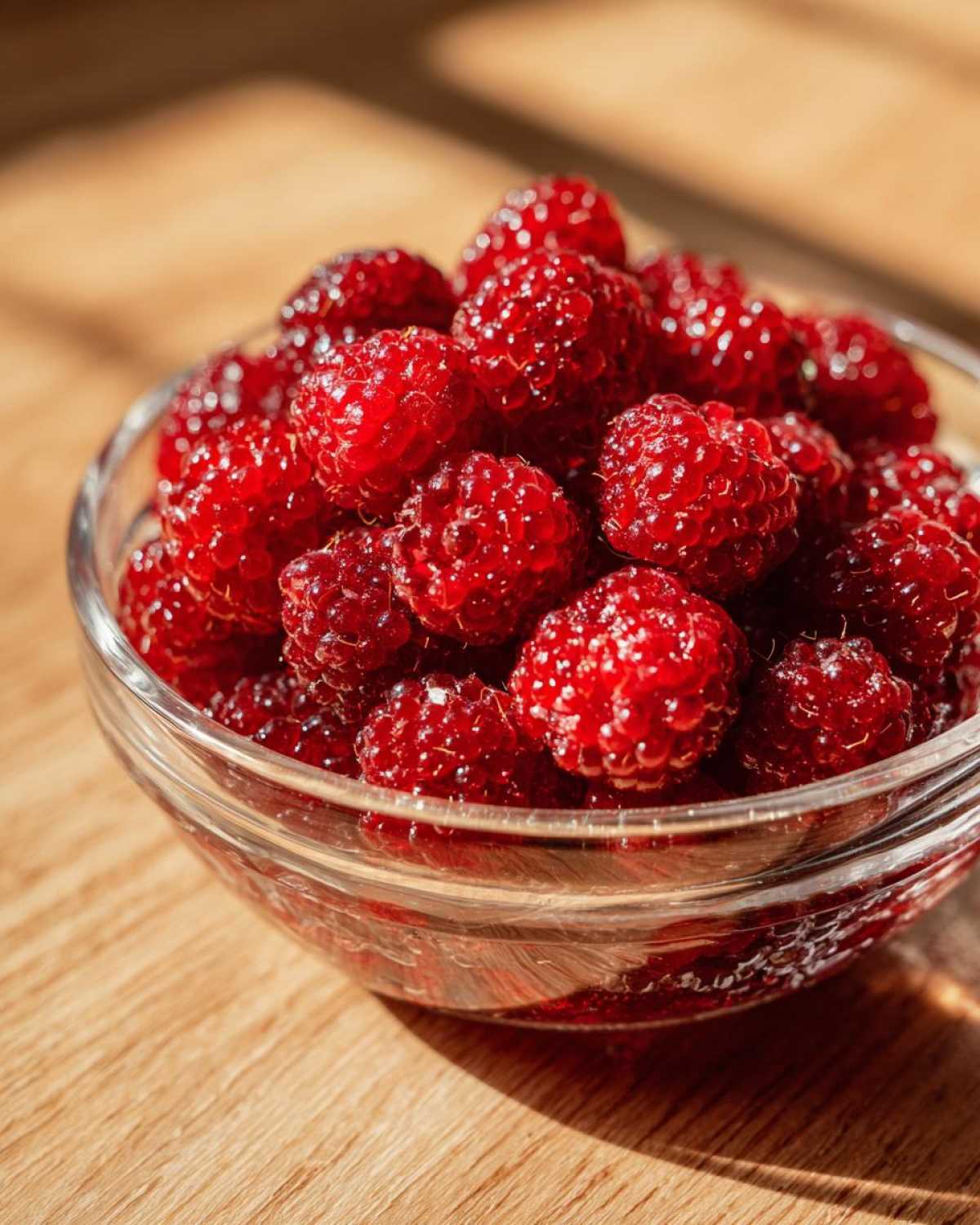 Close-up of bright red, fresh raspberries in a small glass bowl, ready for making raspberry jam.
