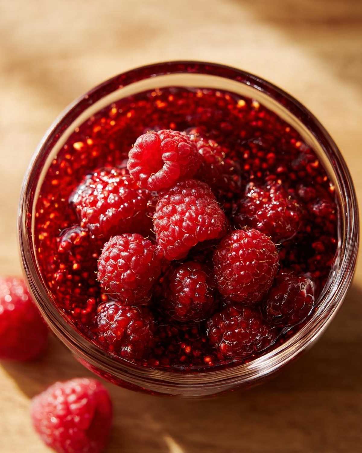 Overhead close-up of whole raspberries sitting in bright red, slightly textured raspberry jam in a glass bowl.