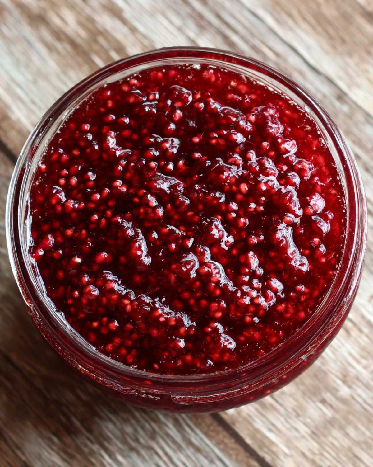 Overhead close-up of vibrant, thick raspberry jam filled with seeds in a glass jar.