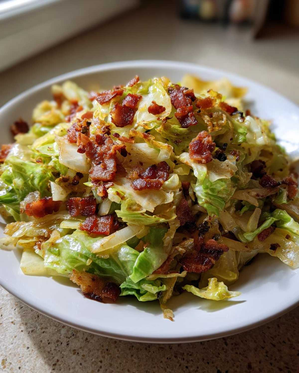 A white bowl filled with freshly made Fried Cabbage with Bacon Onion, topped generously with crispy bacon bits.