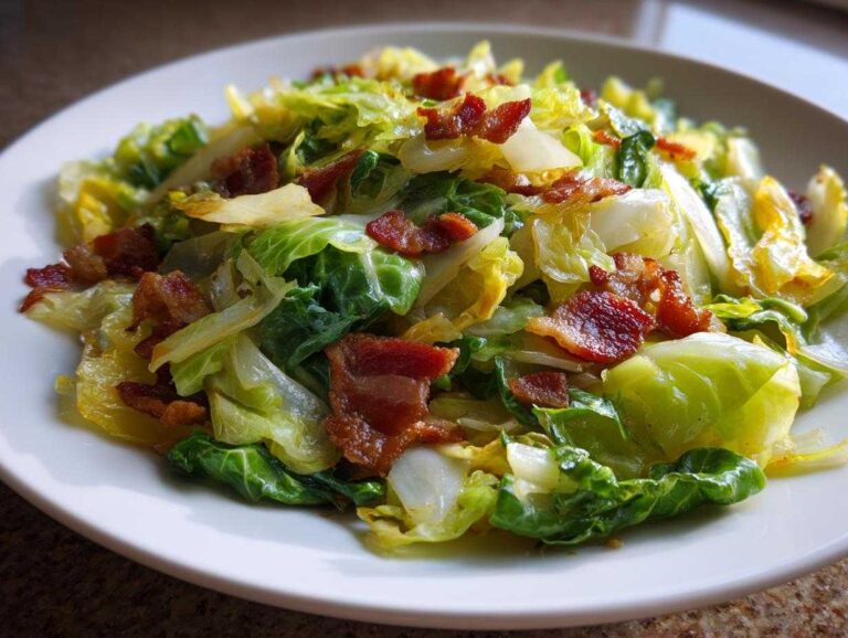 A close-up of a white plate piled high with vibrant Fried Cabbage with Bacon Onion mixture.