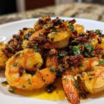 Close-up of succulent Fried Garlic Butter Shrimp piled on a white plate, glistening with butter and topped with crispy garlic and parsley.