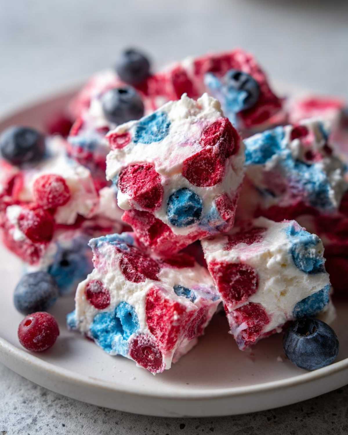 Close-up of colorful pieces of Frozen Yogurt Bark with Spring Berries featuring red raspberries and blue blueberries.
