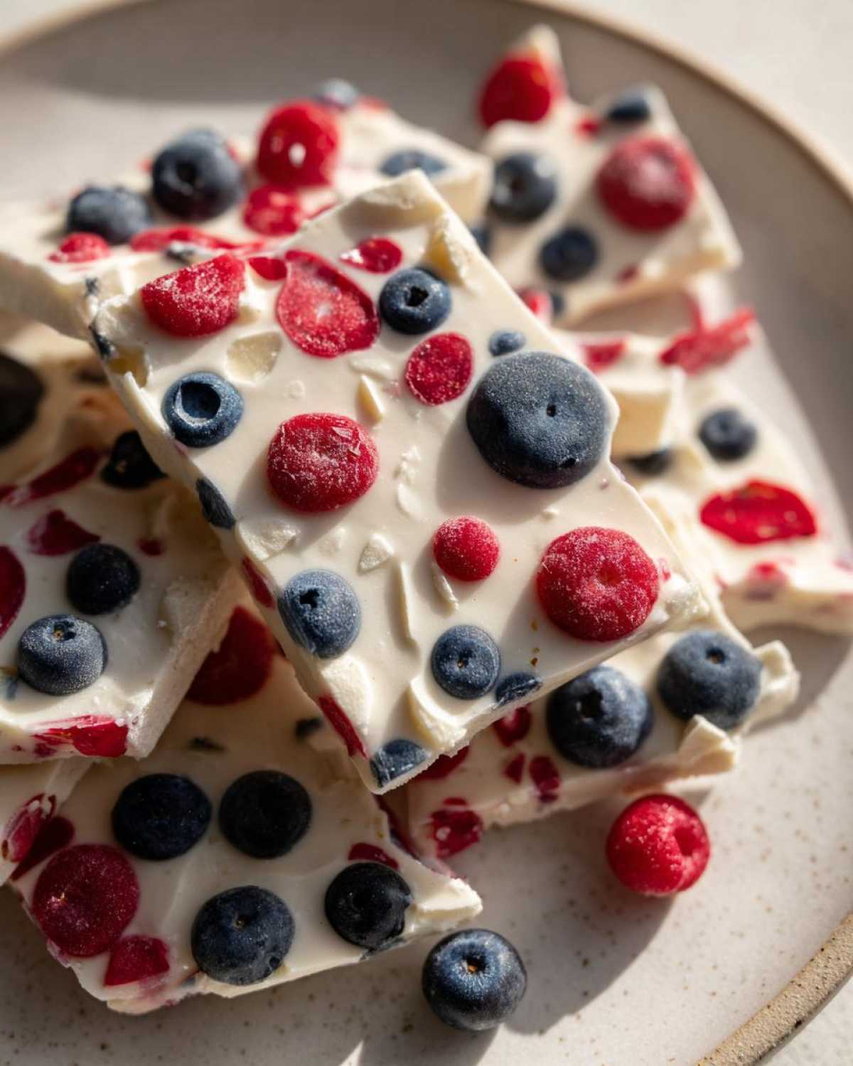 Close-up of broken pieces of Frozen Yogurt Bark with Spring Berries, featuring blueberries and raspberries embedded in white yogurt.
